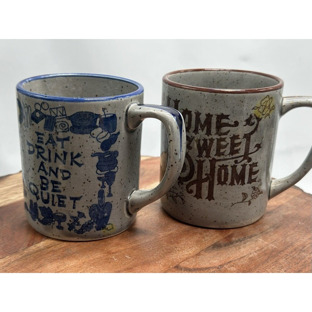 OTAGIRI 2 Speckle Glaze Japan Coffee Mugs Cup EAT DRINK & Be Quiet HUMOR